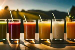 a row of different juices in glasses. AI-Generated photo