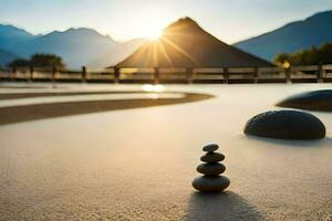 a zen garden with stones and a mountain in the background. AI-Generated photo