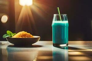 a glass of blue drink and a bowl of rice. AI-Generated photo