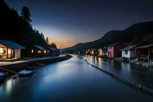 a river runs through a village at night. AI-Generated photo