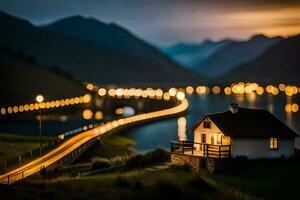 un pequeño casa se sienta en el lado de un montaña con vista a un lago. generado por ai foto