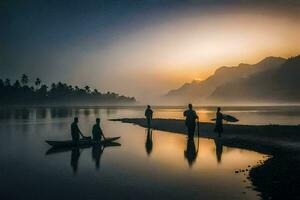 foto fondo de pantalla el cielo, agua, montañas, amanecer, el montañas, gente, el cielo,. generado por ai