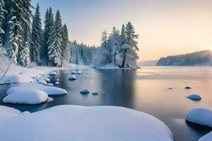 a snowy river in the winter. AI-Generated photo