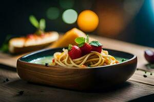 a bowl of pasta with strawberries and cheese. AI-Generated photo