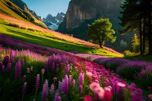 un hermosa campo de flores en el montañas. generado por ai foto