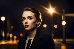 a woman in a black suit and red lipstick. AI-Generated photo