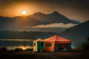 a tent is set up near a lake and mountains. AI-Generated photo