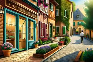 a cartoon illustration of a street in a small town. AI-Generated photo
