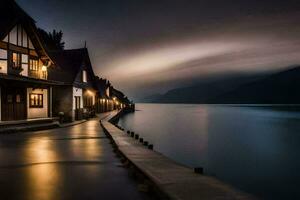 a long exposure photograph of a house on the shore of a lake. AI-Generated photo