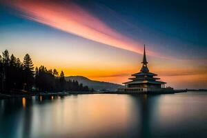 a pagoda sits on the shore of a lake at sunset. AI-Generated photo