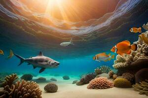 photo wallpaper fish, coral, the ocean, the sun, the sky, the sea, the. AI-Generated