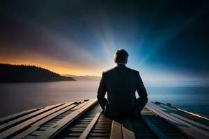 a man in a suit sits on a dock looking out at the ocean. AI-Generated photo