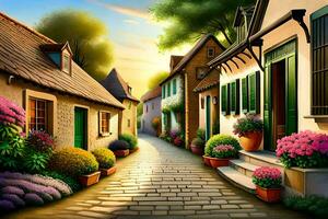 a painting of a street with flowers and houses. AI-Generated photo