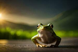 a frog is sitting on the ground in front of the sun. AI-Generated photo