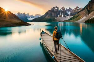 a man standing on a wooden dock in front of a mountain lake. AI-Generated photo