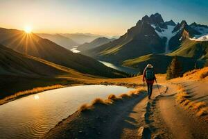a person walking on a path in the mountains. AI-Generated photo