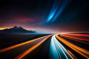 a long exposure photograph of a road with lights and mountains. AI-Generated photo