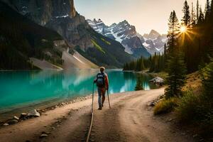 a woman with a backpack walks along a path near a lake. AI-Generated photo