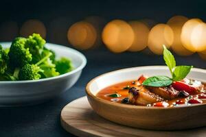 a bowl of soup with broccoli and a plate of meat. AI-Generated photo
