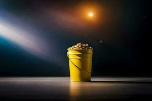 a bucket of popcorn on a table in front of a bright light. AI-Generated photo