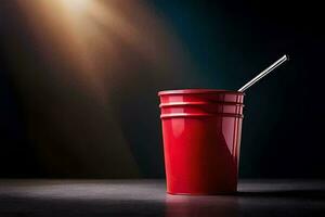 red cup with a straw on a dark table. AI-Generated photo