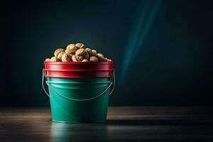 a bucket filled with nuts on a dark table. AI-Generated photo