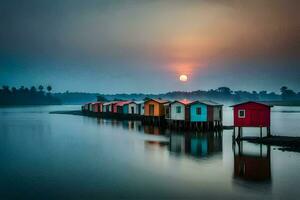 a row of colorful houses on the shore of a lake. AI-Generated photo