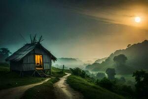 a small hut sits on the side of a hill in the fog. AI-Generated photo