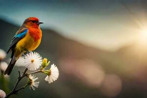 foto fondo de pantalla el cielo, pájaro, flores, el sol, montañas, aves, flores, el. generado por ai