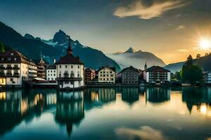 the sun sets over a lake and buildings in switzerland. AI-Generated photo