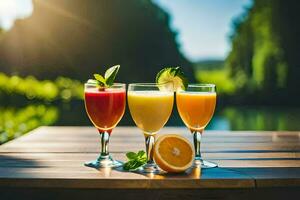 three glasses of juice on a table. AI-Generated photo
