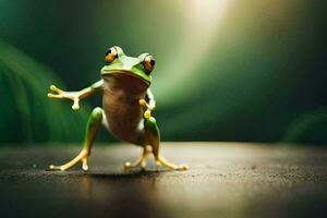 a frog is standing on its hind legs. AI-Generated photo