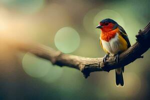 a colorful bird sits on a branch. AI-Generated photo