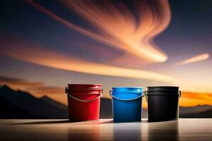 three buckets with a sunset in the background. AI-Generated photo
