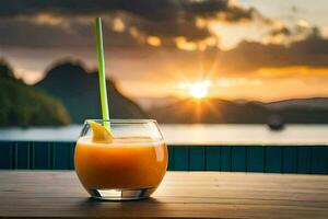 a glass of orange juice with a straw on a table in front of a sunset. AI-Generated photo