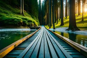 un de madera puente Guías a un río en el bosque. generado por ai foto