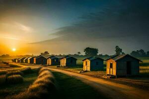 the sun rises over a field of grass and huts. AI-Generated photo