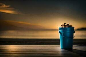 a bucket of nuts on the beach. AI-Generated photo