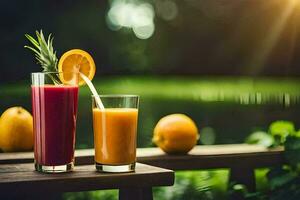 two glasses of juice with oranges and oranges on a wooden table. AI-Generated photo