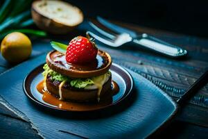 a strawberry and cheese burger on a plate. AI-Generated photo