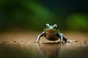 a frog sitting on the ground with its eyes open. AI-Generated photo