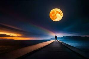 un hombre en pie en un muelle mirando a el Luna. generado por ai foto