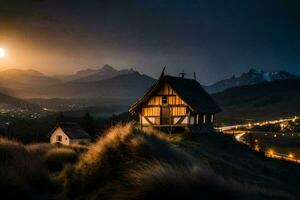 un pequeño de madera casa se sienta en un colina a noche. generado por ai foto