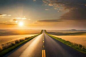 an empty road stretches into the sunset. AI-Generated photo