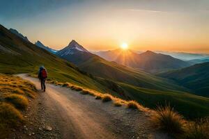 un hombre camina en un la carretera en el montañas. generado por ai foto