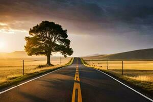 un largo la carretera con un solitario árbol en el medio de el campo. generado por ai foto