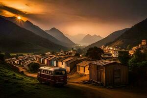 a van drives down a dirt road in front of a village. AI-Generated photo