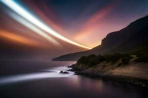 a long exposure photograph of a light trail over the ocean. AI-Generated photo