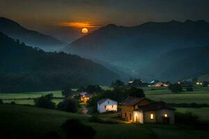 photo wallpaper the sky, the moon, the sun, the mountains, the countryside, the village. AI-Generated