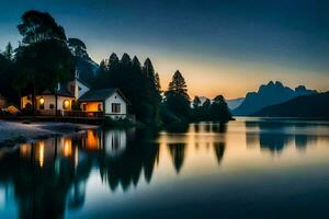 a small house sits on the shore of a lake at sunset. AI-Generated photo